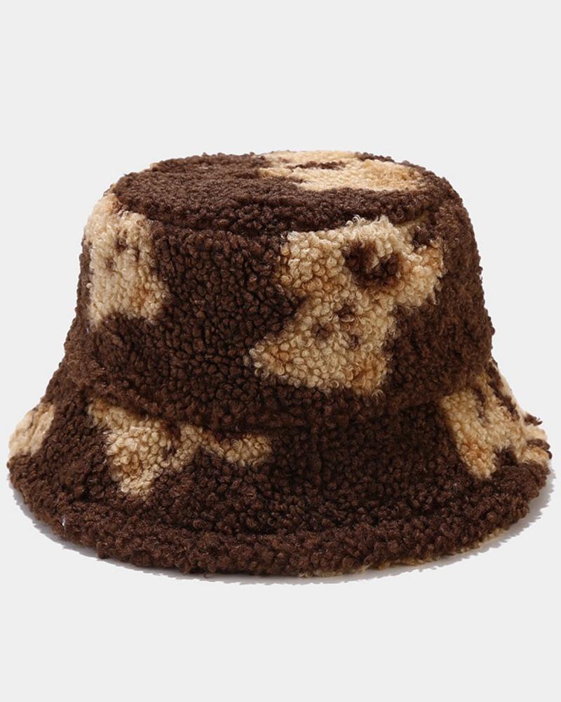 

Teddy Bear Pattern Fuzzy Winter Thermal Bucket Hat, Brown