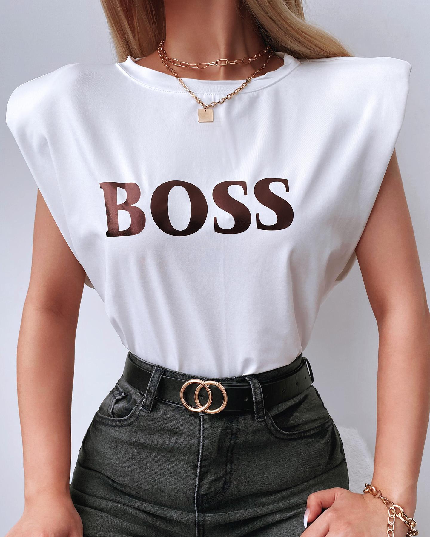 

Letter Print Padded Shoulder Casual Top, White