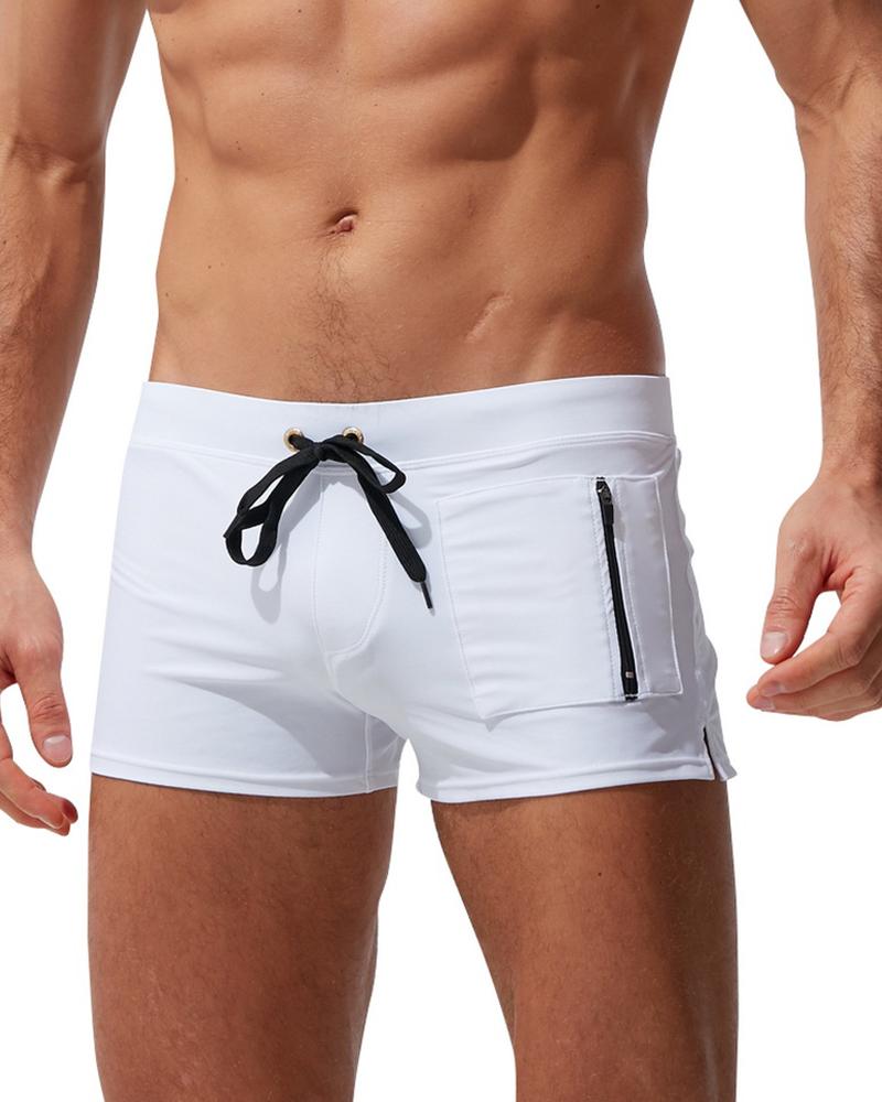 

Solid Color Drawstring Skinny Underpants With Pockets, White