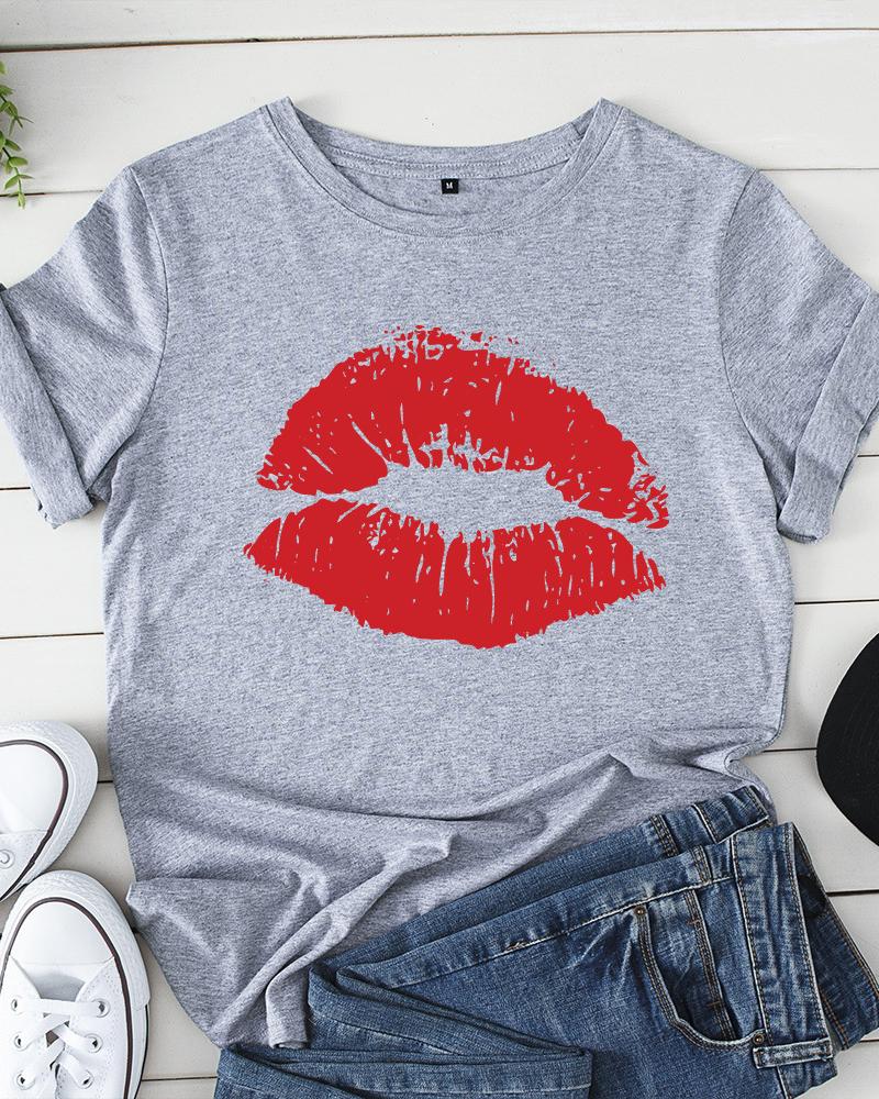 

Lip Print Short Sleeve Casual T-shirt, Gray