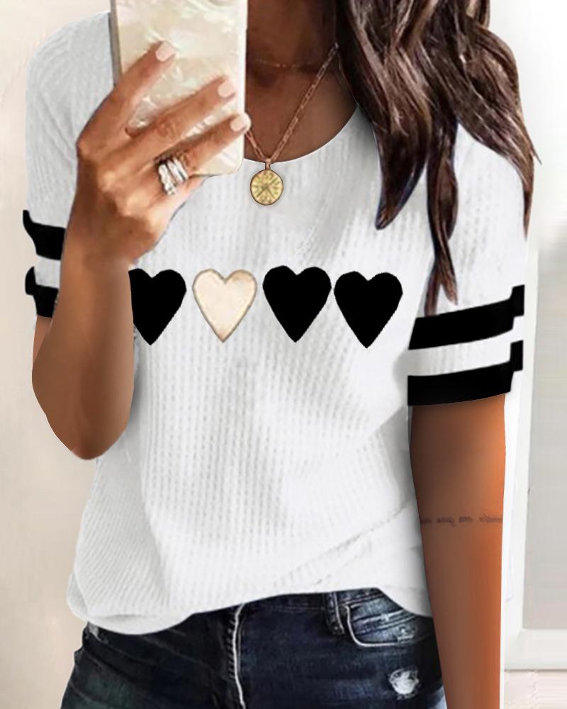

Ribbed Heart Print Colorblock Short Sleeve Top, White