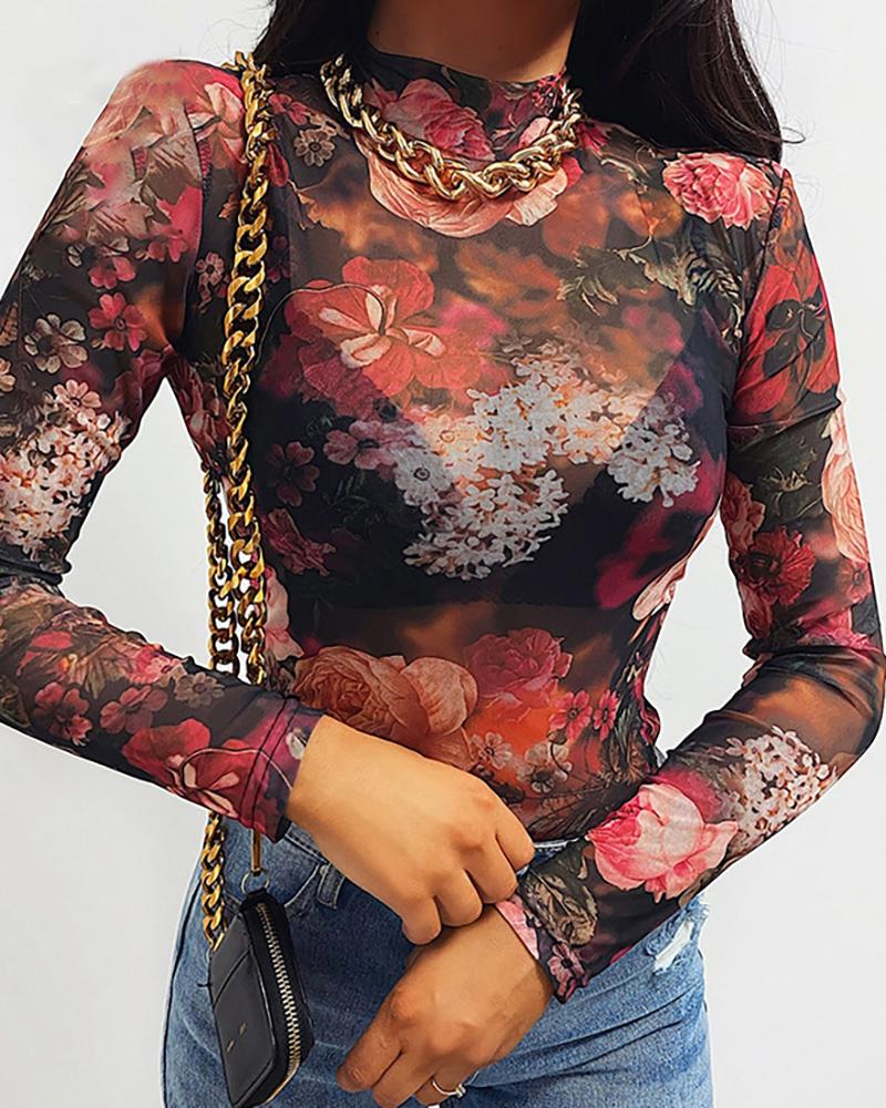 

Floral Print Long Sleeve Mesh Design Top, Red