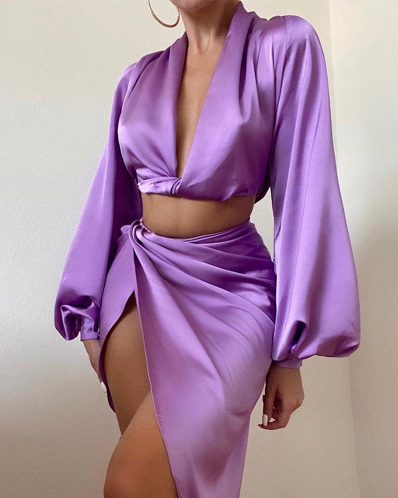 

Solid Color Satin Crop Top & Twist Skirt Set, Purple