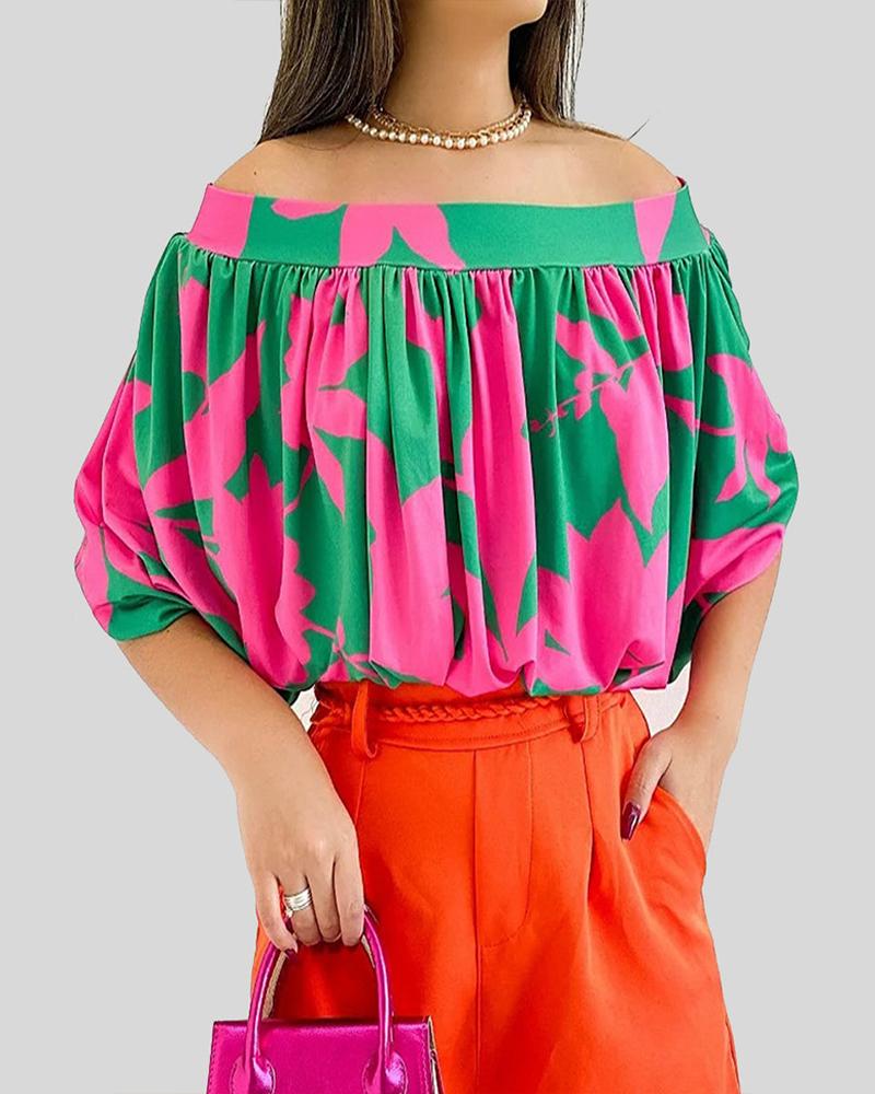 

Plants Print Off Shoulder Ruched Top, Multicolor