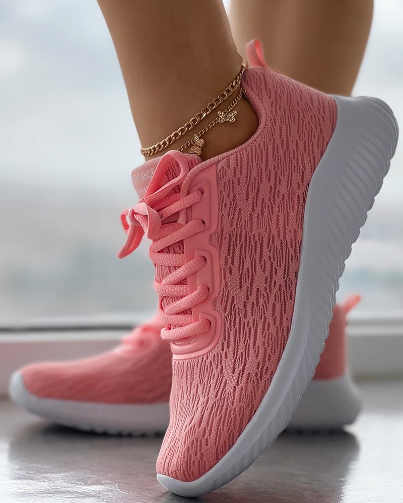

Breathable Eyelet Lace-up Sneakers, Pink