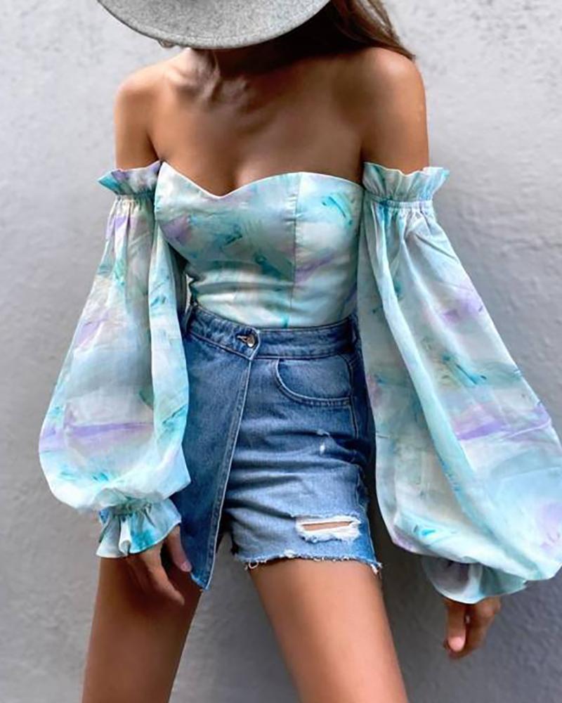 

Off Shoulder Lantern Sleeve Floral Print Top, Lighted blue