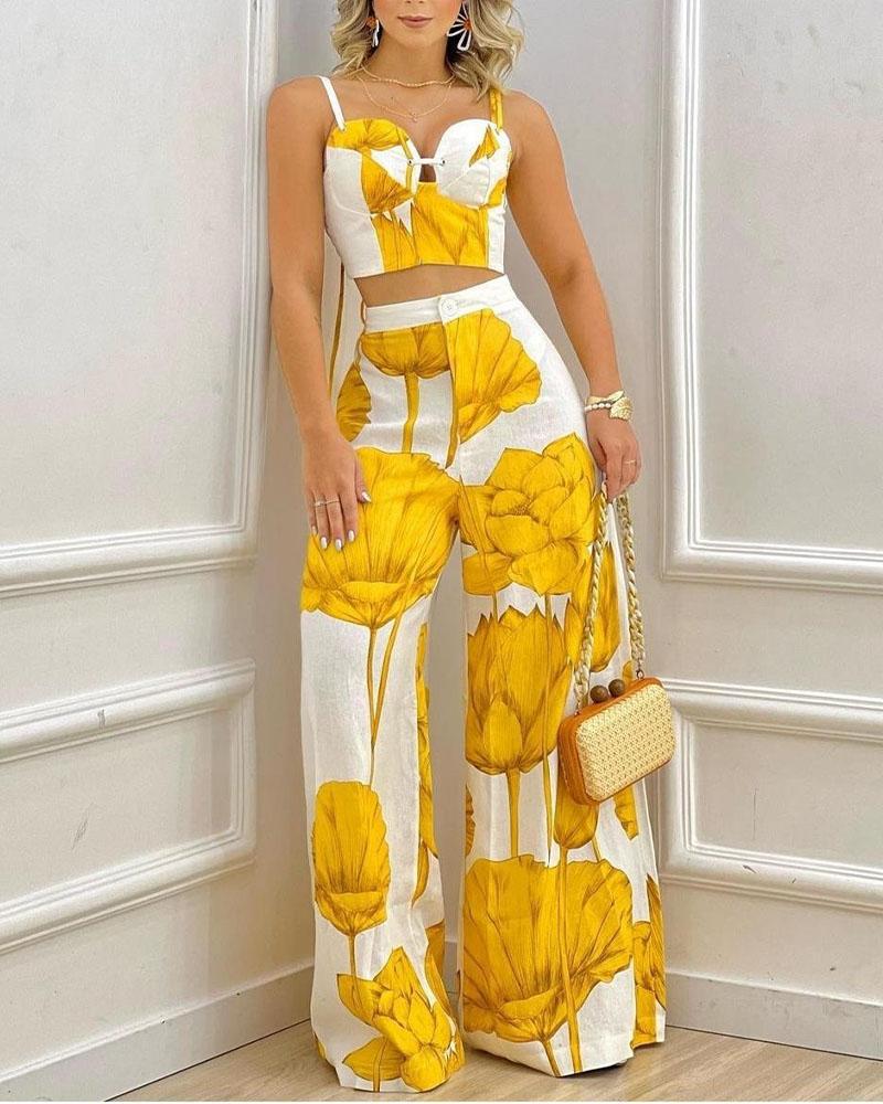 

Plants Print Crop Cami Top & Wide Leg Pants Set, Yellow