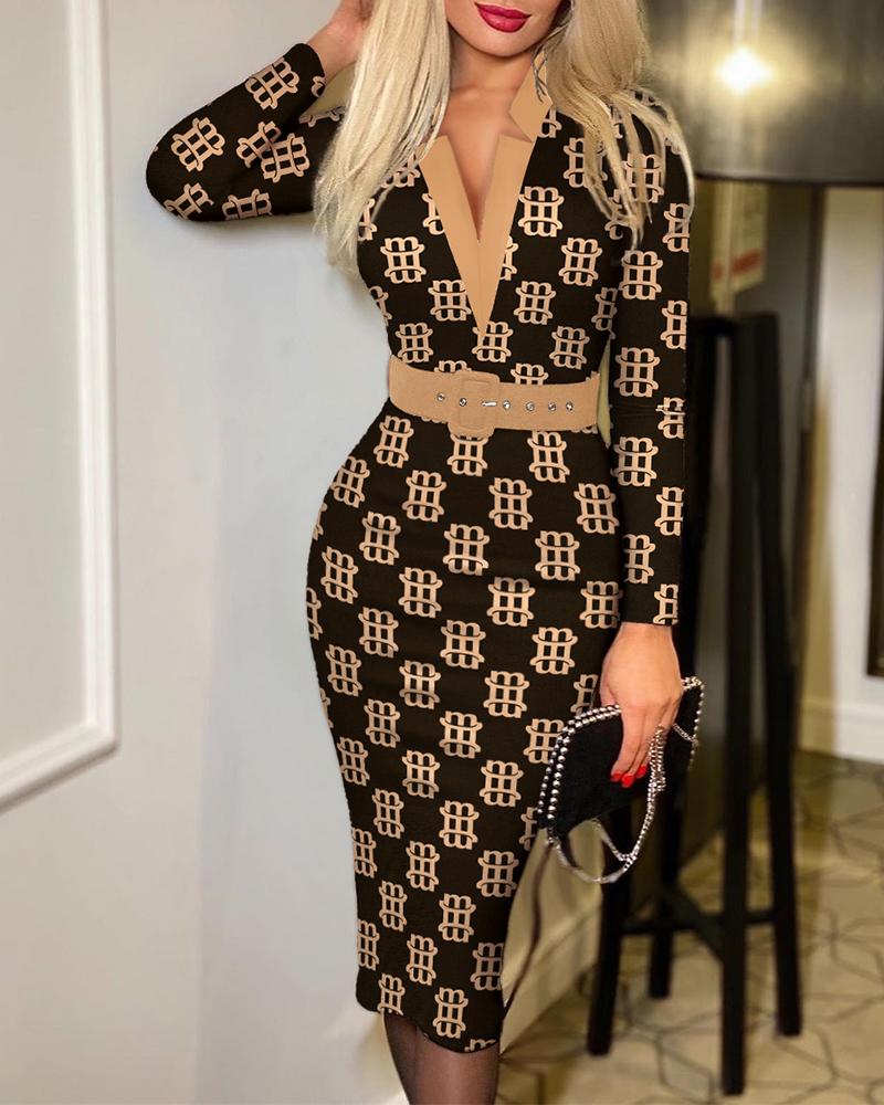 

ChicMe Letter Print Long Sleeve Belted Work Dress, Black