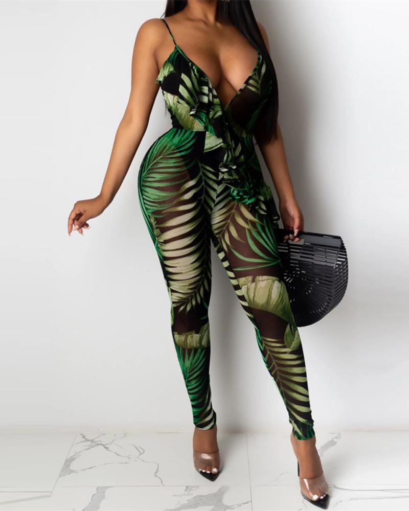 

Tropical Print Ruffles Spaghetti Strap Jumpsuit, Green