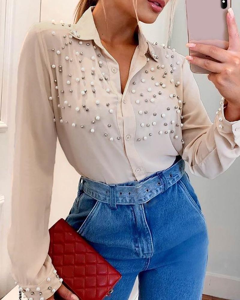 

Long Sleeve Beaded Button Design Shirt, Pink