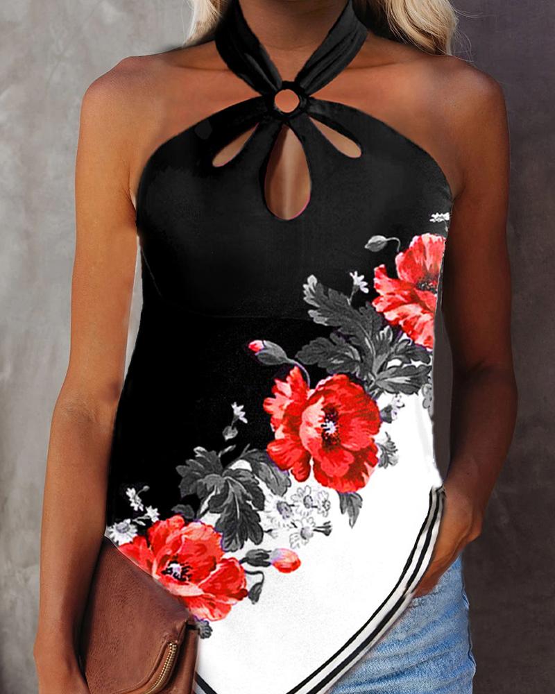 

Floral Print Colorblock Hollow Out Halter Top, Black