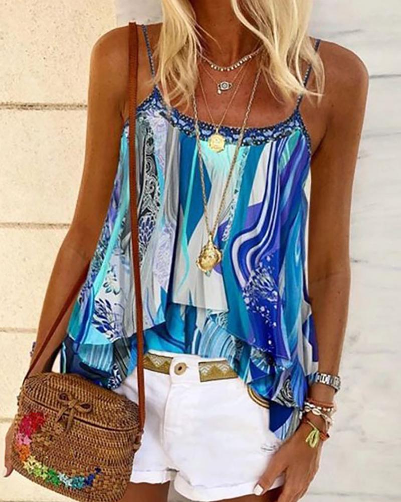

Tie Dye Print Ruffles Casual Cami Top, Dark blue