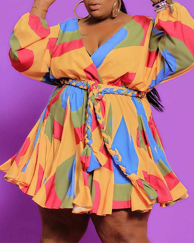 

Plus Size Tie Dye / Colorblock Long Sleeve Casual Dress, Orange