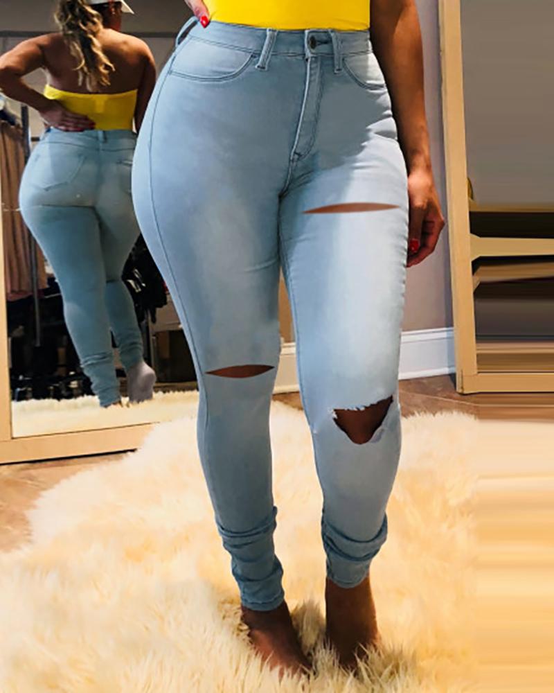 

Solid Cutout Pockets Design Fitted Jeans, Light blue