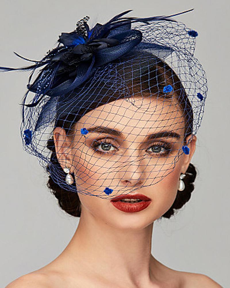 

Feather Fascinator Hat Flower Mesh Veil Hair Clip Hairpin Hats Bridal Wedding Cocktail Tea Party Headwear, Purplish blue