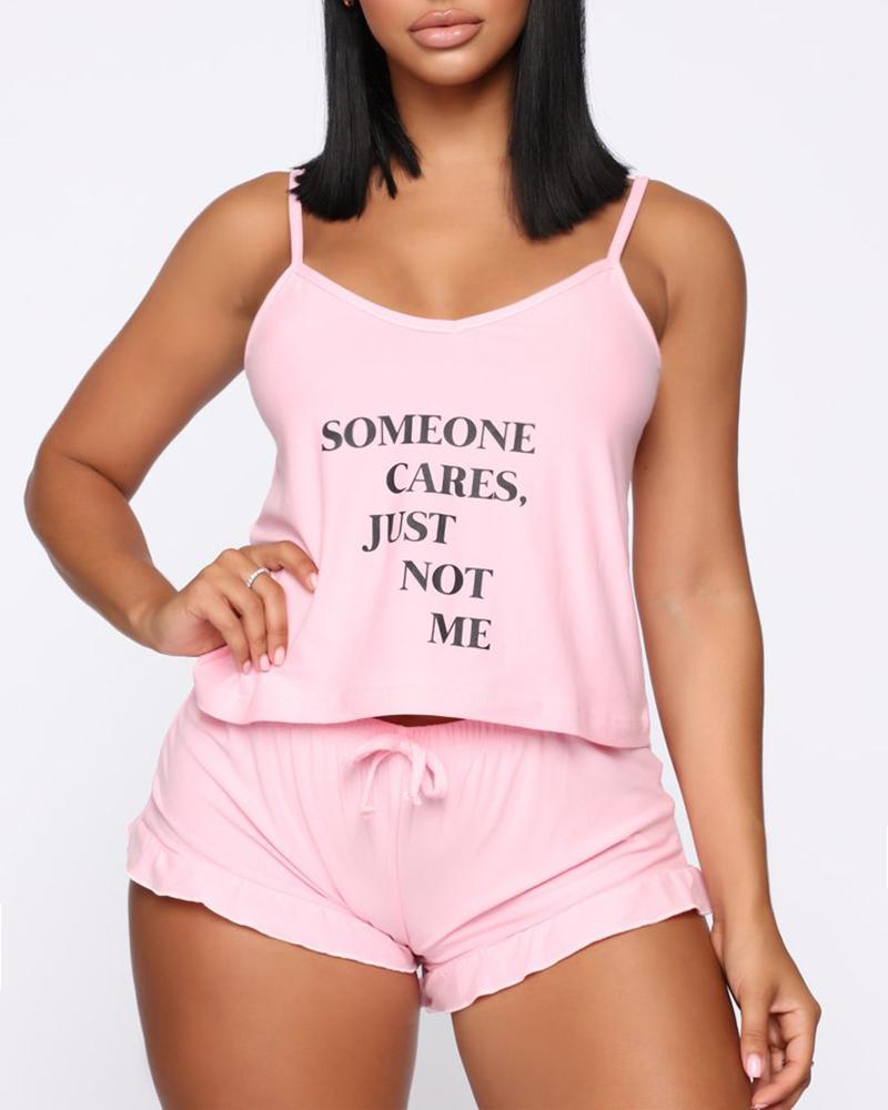 

Letter Print Ruffles Cami Set, Pink