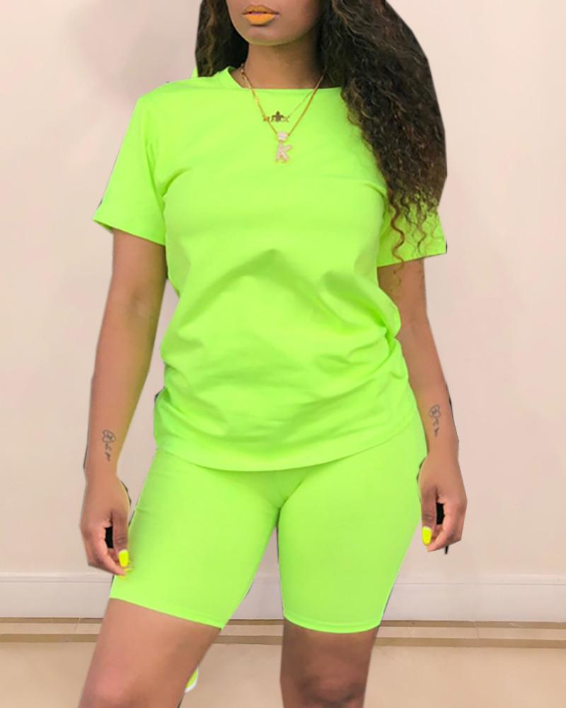 

Solid Short Sleeve Sporty Top & Short Set, Green