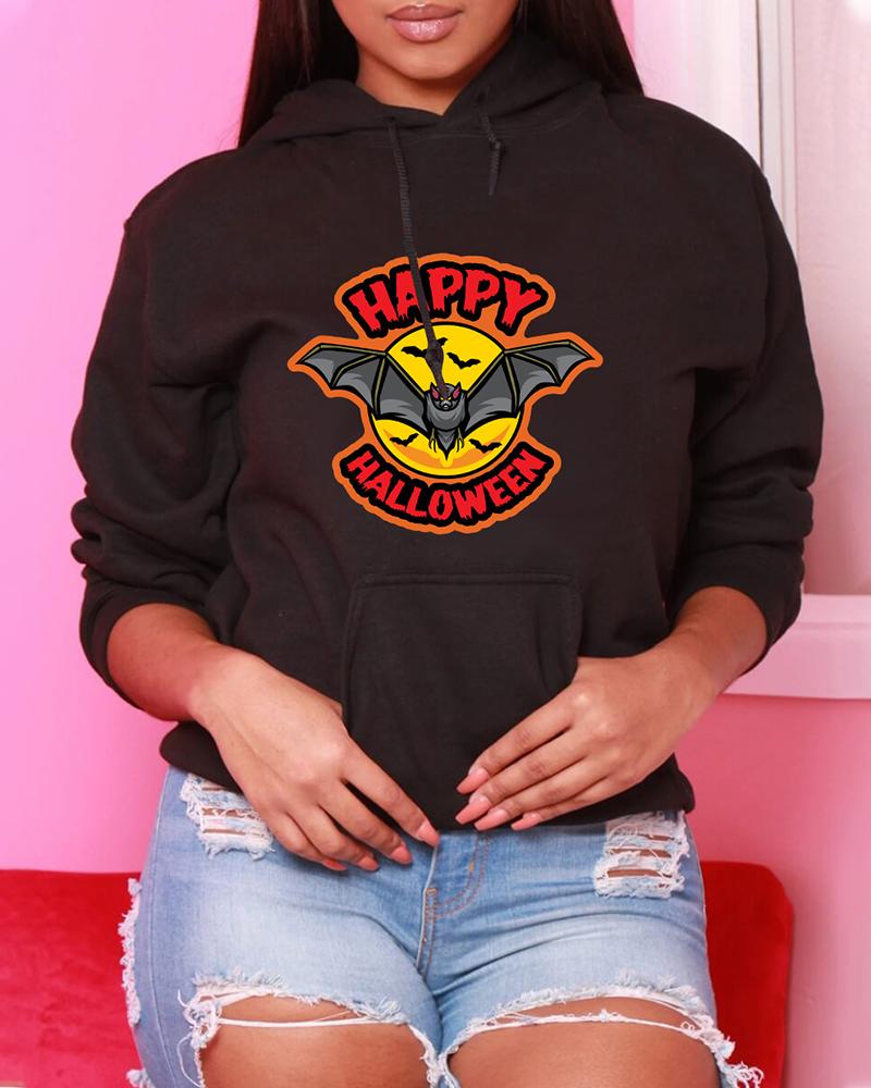 

Plus Size Halloween Letter Bat Print Long Sleeve Hoodie, Black