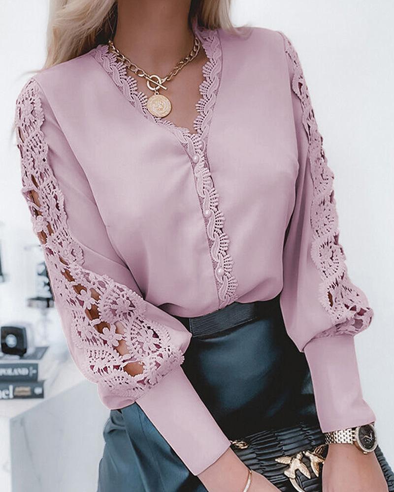 

Guipure Lace Hollow-Out Lantern Sleeve Top, Pink