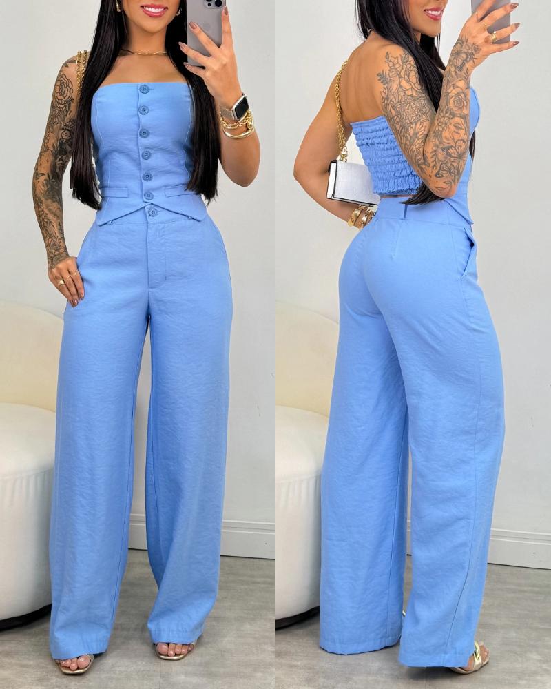 

2 Pieces Outfit Bandeau Button Decor Vest Top and Casual Wide Leg Pants Set, Blue