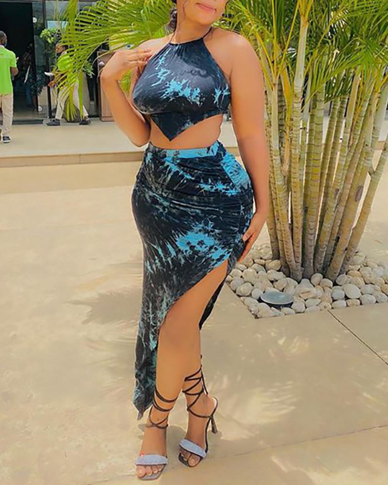 

Tie Dye Print Backless Handkerchief Top & Ruched High Slit Maxi Skirt Set, Blue