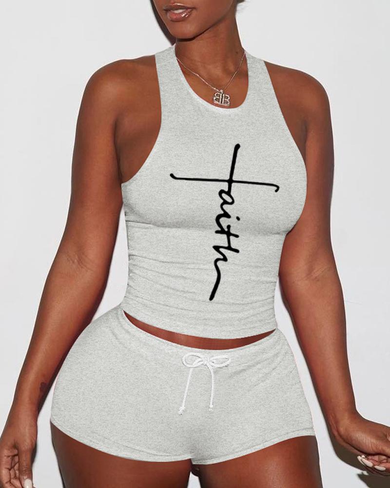 

Letter Print Breathable Drawstring Active Set, White