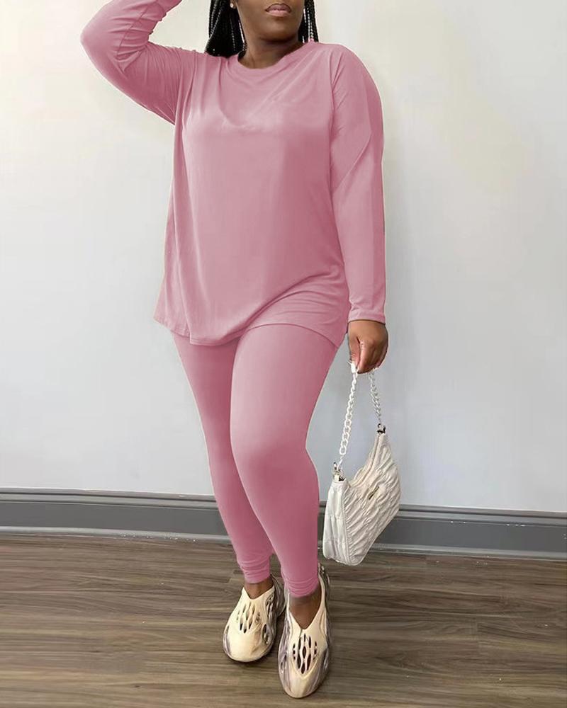 

Plus Size Long Sleeve Casual Top & Pants Set, Pink