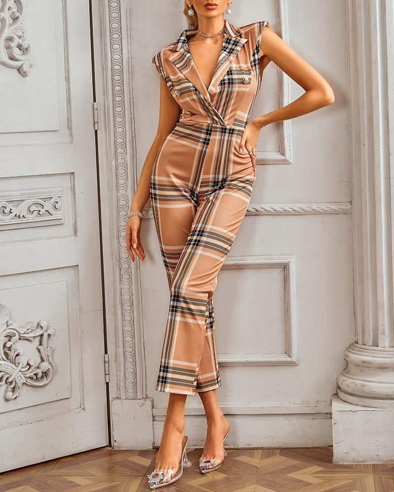 

Plaid Print Double Breasted Sleeveless Blazer Jumpsuit, Khaki