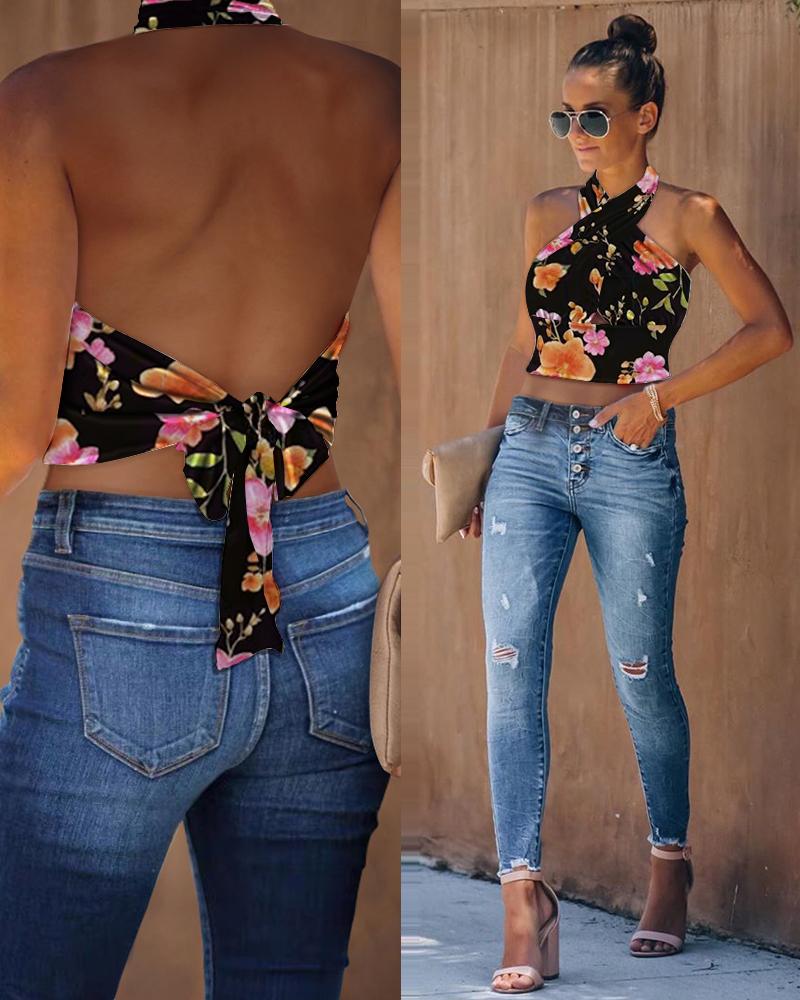 

Floral Halter Backless Tank Top, Black