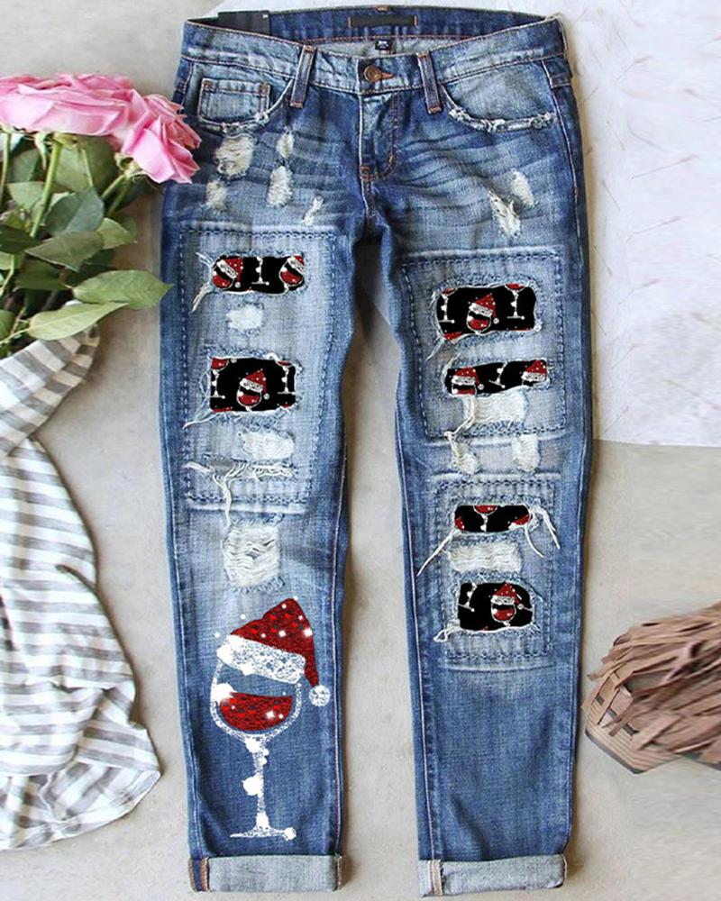 

Christmas Wine Glass Print Ripped Jeans, Blue