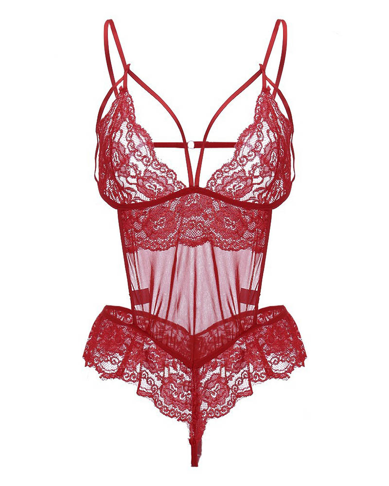 

Spaghetti Strap Sheer Mesh Cutout Lace Teddy, Red