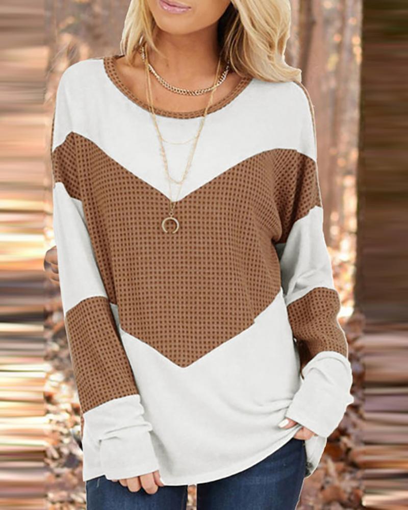 

Colorblock Long Sleeve Casual Top, Brown