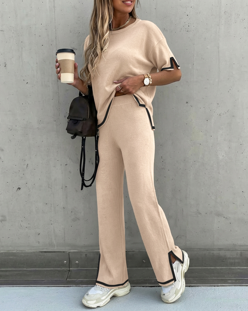

2 Pieces Outfit Round Neck Short Sleeve High-Low Hem Top and Elastic Waist Straight Leg Pants Set Casual Contrast Paneled Side Slit Knit Loungewear Set, Apricot