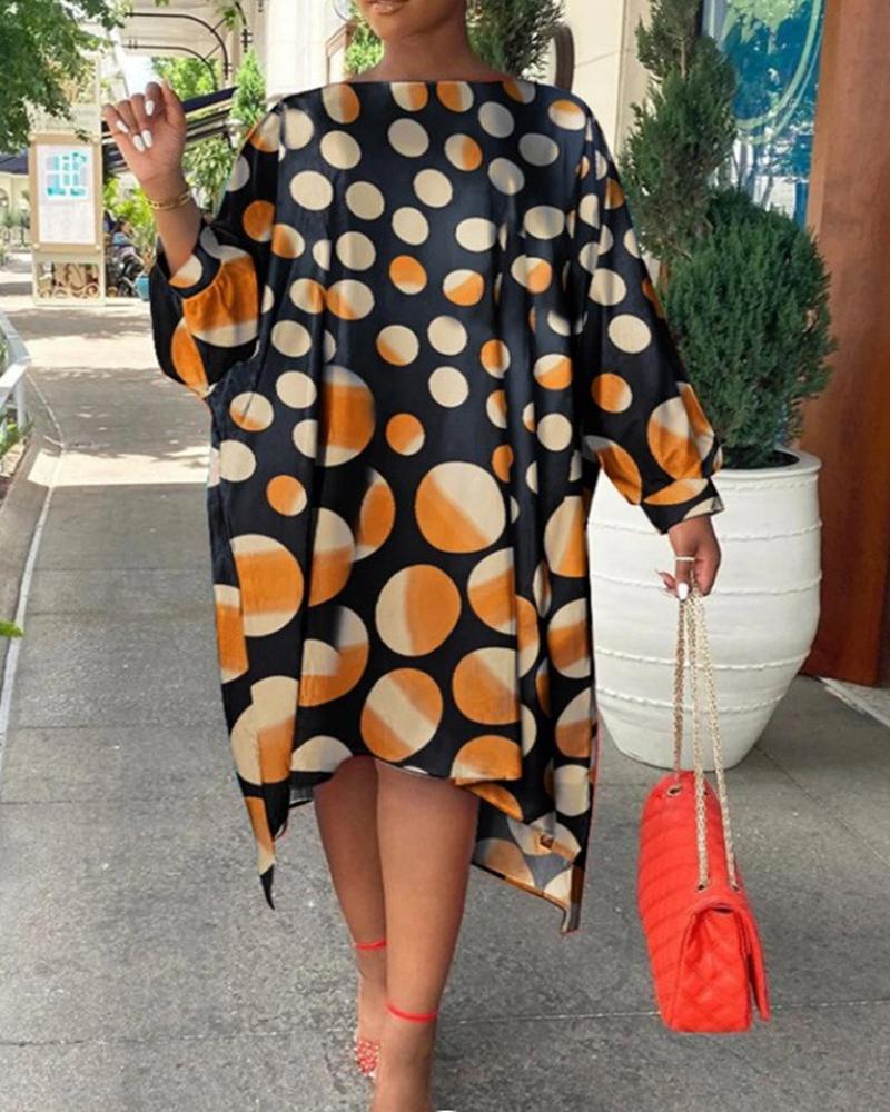 

Plus Size Polka Dot Print Batwing Sleeve Asymmetrical Dress, Black