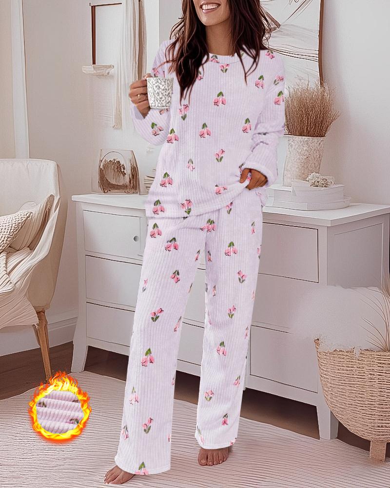 

2 Pieces Outfit Floral Print Round Neck Drop Shoulder Top and Elastic Waist Pants Set Casual Ribbed Flannel Pajamas Set, Light purple