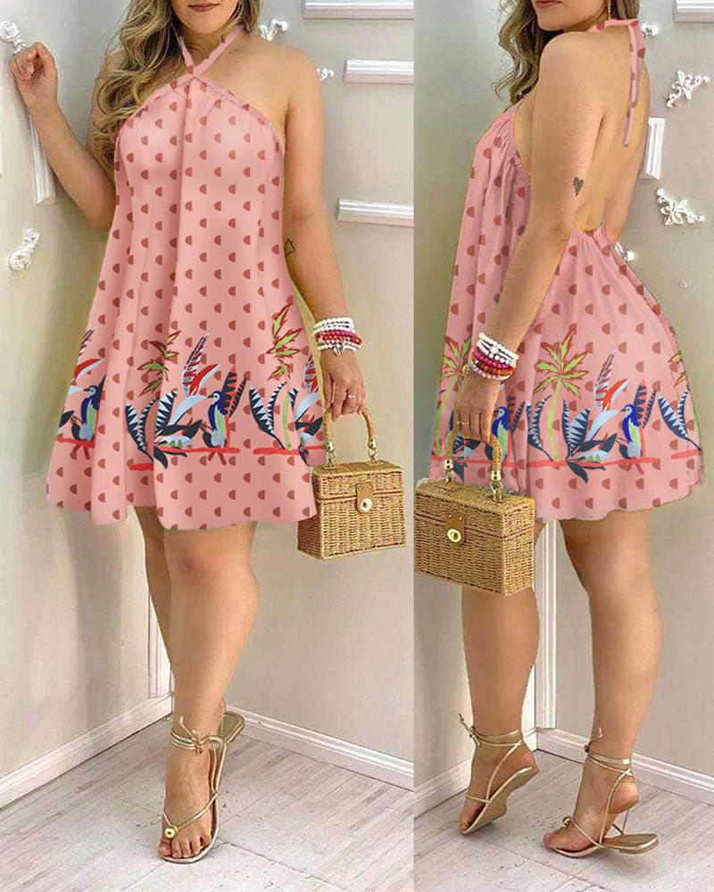 

Tropical Pattern All Over Print Halter Backless Dress, Pink