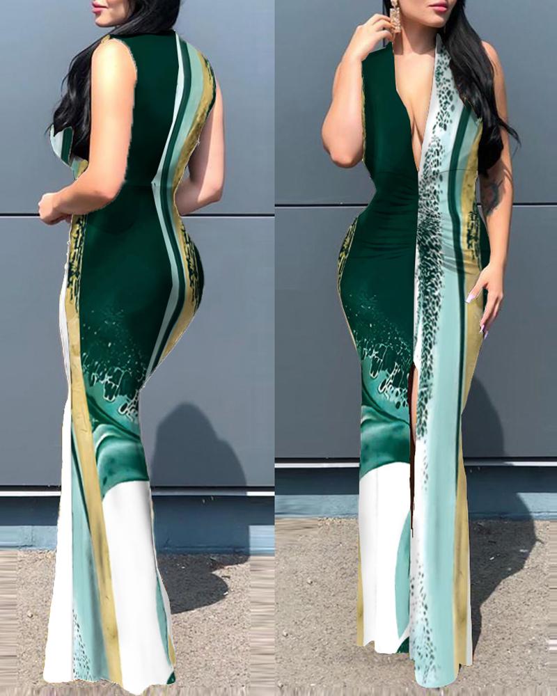 

Plunge Tie Dye Print Slit Party Dress, Green