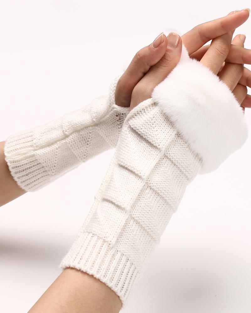 

1Pair Fuzzy Trim Warm Knit Fingerless Gloves, White