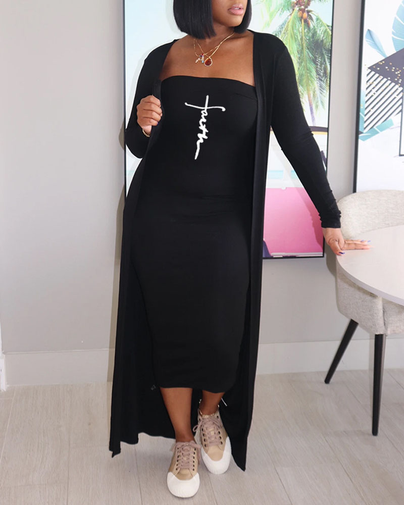 

Letter Print Bodycon Tube Dress With Cardigan, Black