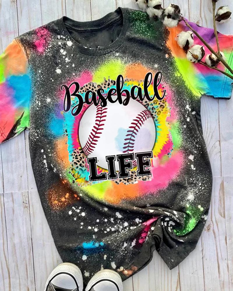 

Baseball Letter Tie Dye Print Crew Neck Graphic Tee Fashion Street Summer T-Shirt, White