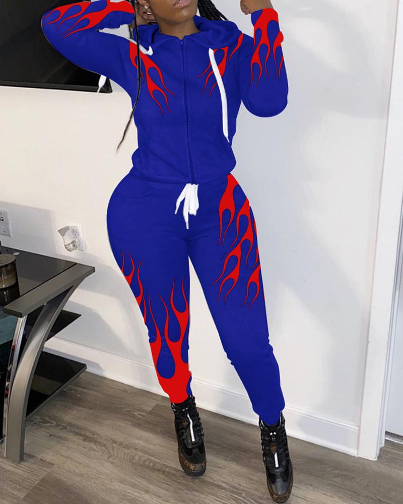 

Fire Print Long Sleeve Top & Drawstring Pants Set, Dark blue