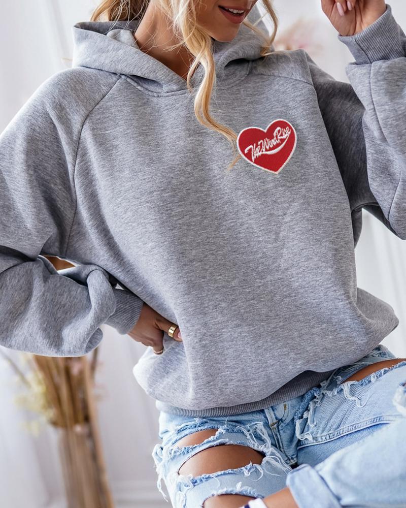 

Heart Letter Embroidery Long Sleeve Hooded Sweatshirt, Gray