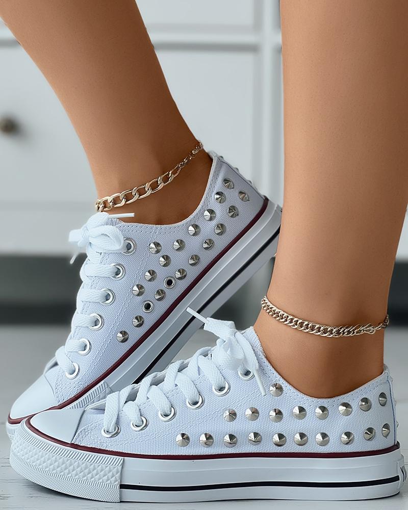 

Studded Lace-up Canvas Sneakers, White