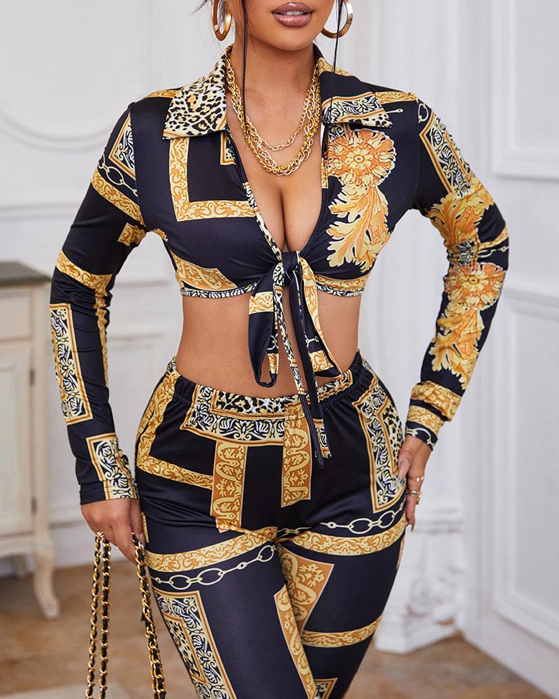 

Scarf Cheetah Print Crop Top & High Waist Pants Set, Yellow