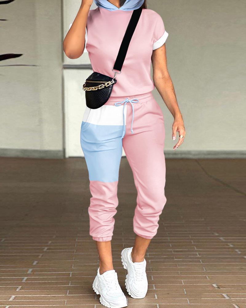 

Colorblock Hooded Top & Drawstring Pocket Design Pants Set, Pink