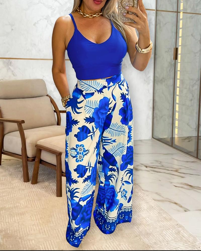 

Ensemble 2 pièces imprimé floral haut à bretelles spaghetti à col en U taille haute pantalon large de vacances avec poche, Blue