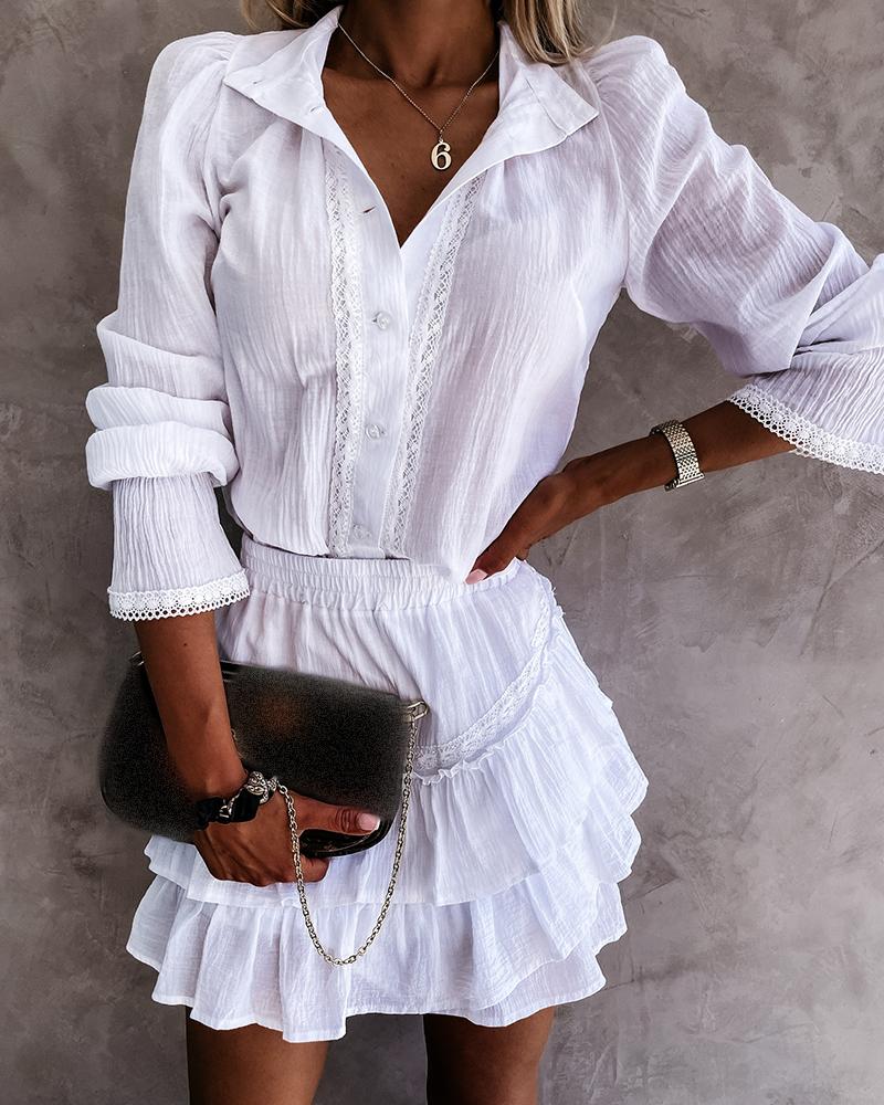 

Lace Patch Puff Sleeve Shirt & Ruffles Skirt Set, White