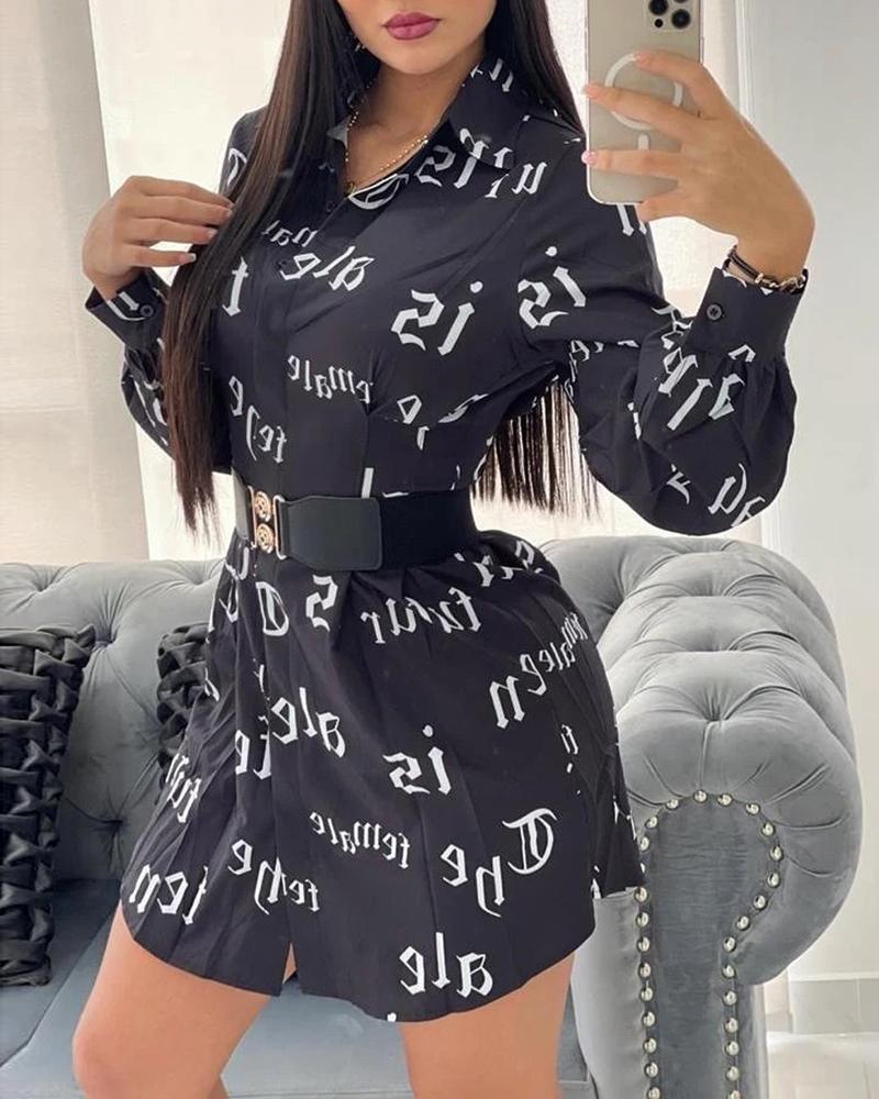 

Long Sleeve Letter Pattern Print Shirt Dress, Black