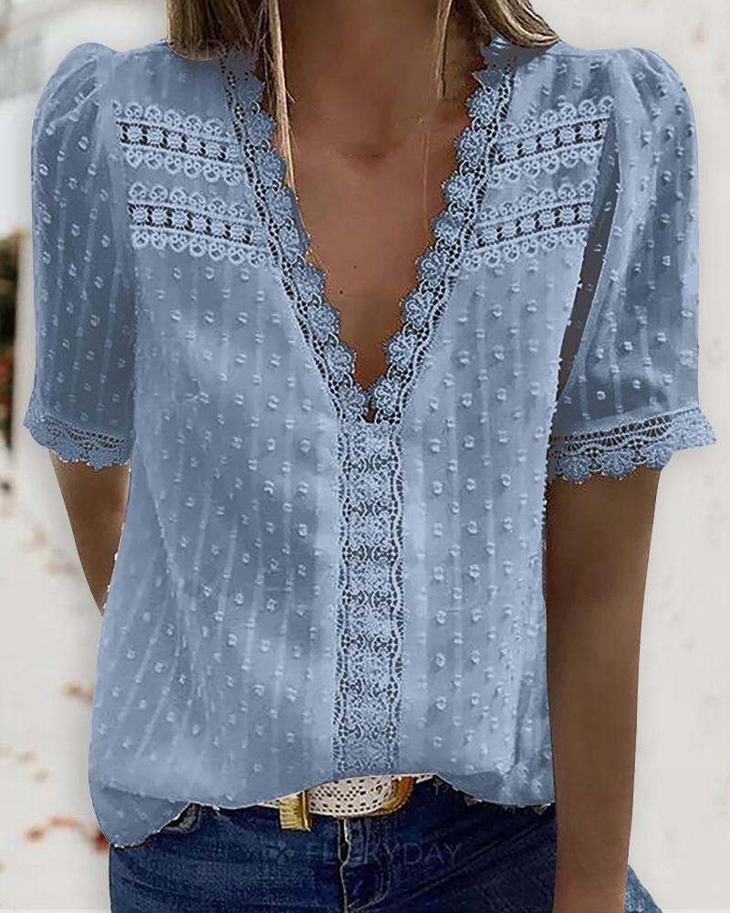 

Guipure Lace V Neck Short Sleeve Top, Blue
