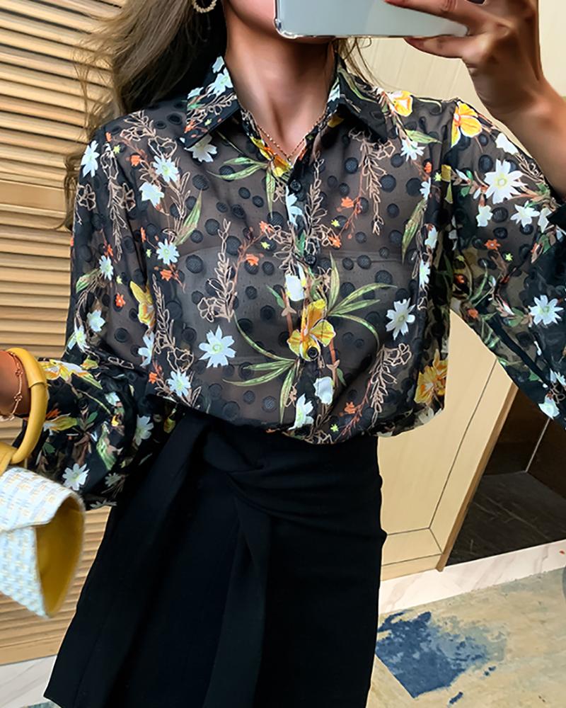 

Polka Dot & Floral Print Lantern Sleeve Top, Black